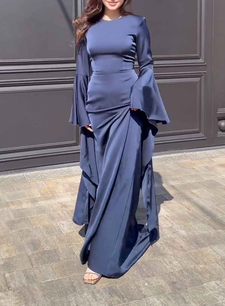 Blue Flared Sleeve Satin Maxi Dress