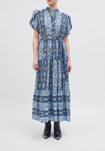 Blue Floral Print Lapel Maxi Dress