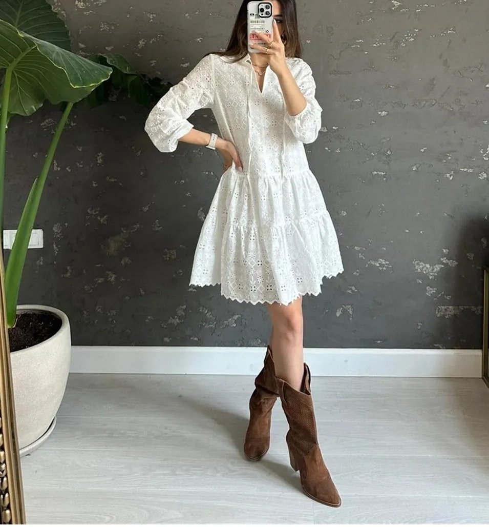 White Cutout Long Sleeve Mini Dress