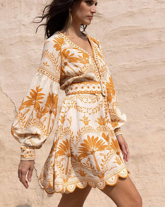 V-Neck Lantern Sleeve Orange Printed Dress