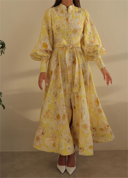 Yellow Flower Bubble Sleeve Maxi Dress