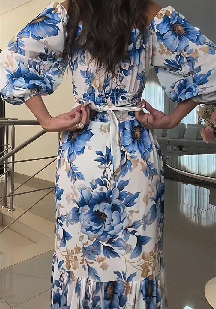 Blue Floral Midi Sleeve Tie Waist Maxi Dress