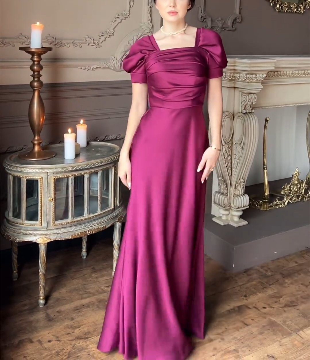 Purple Satin Short Sleeve Maxi Dress