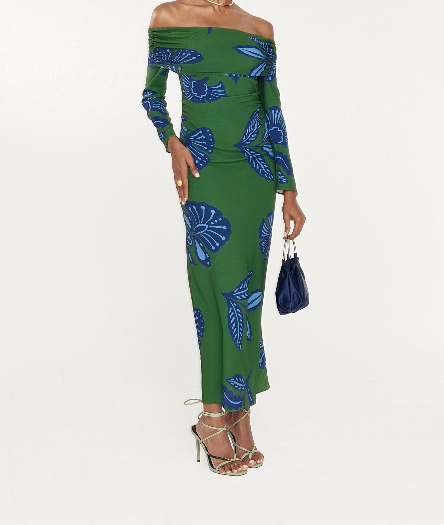 Blue Printed Strapless Green Dress