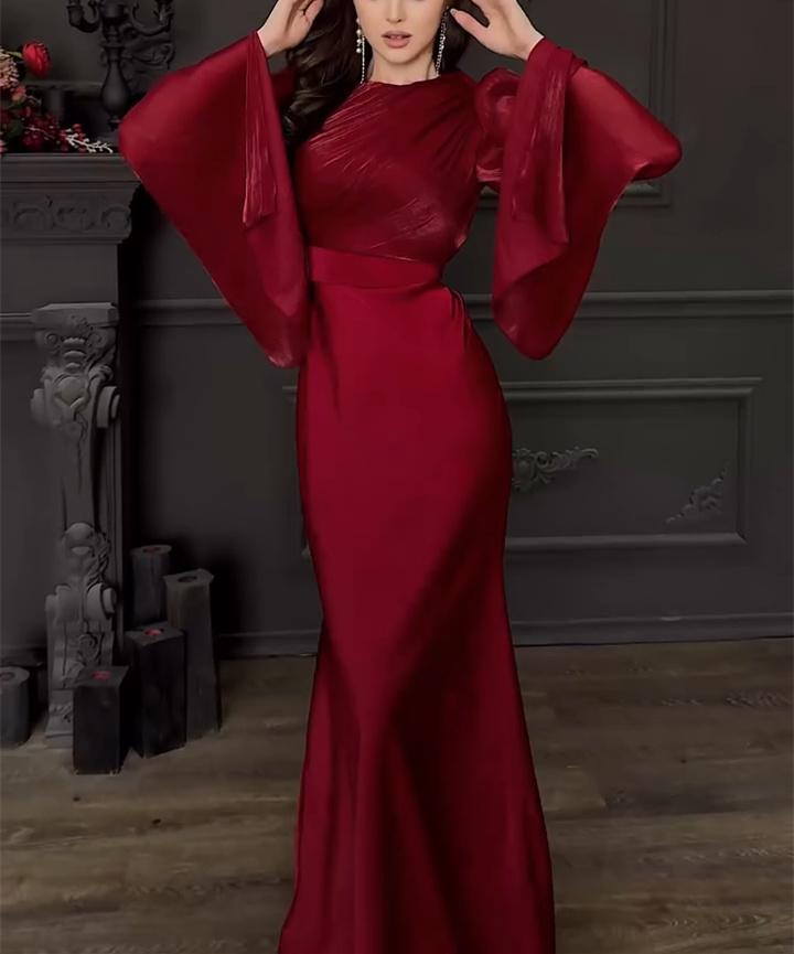 Red Satin Wide Sleeves Maxi Dress