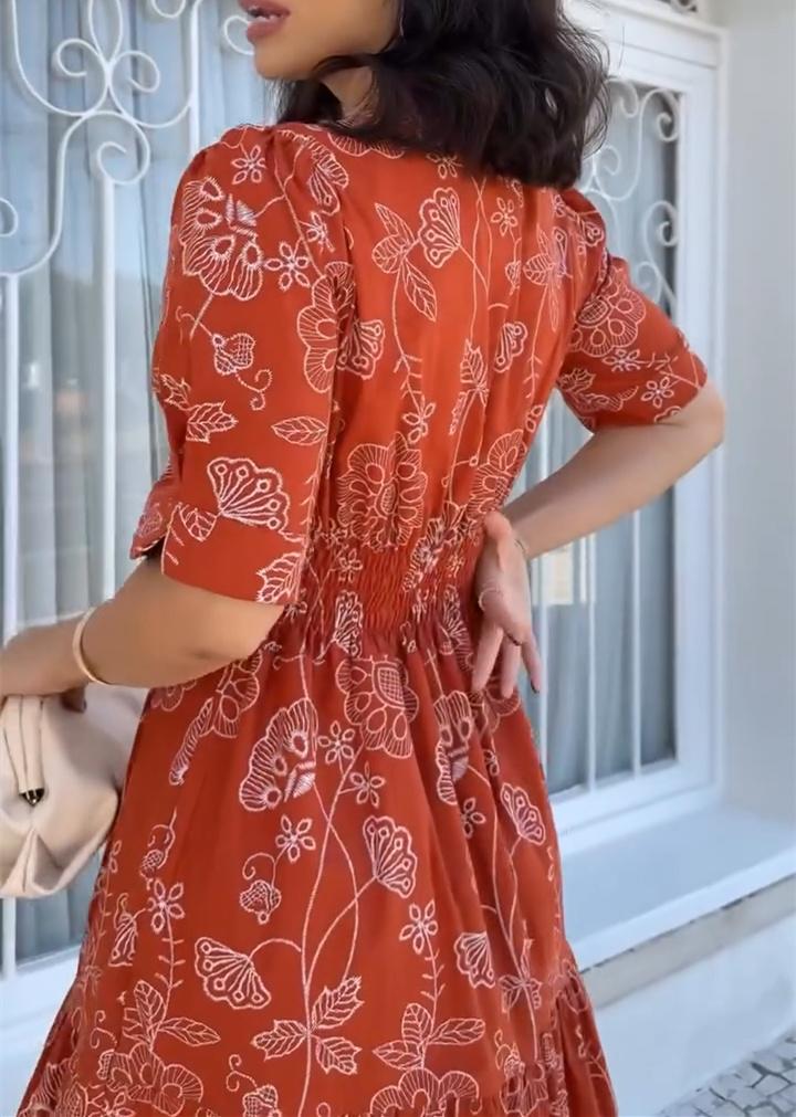 White Line Floral v Neck Red Dress