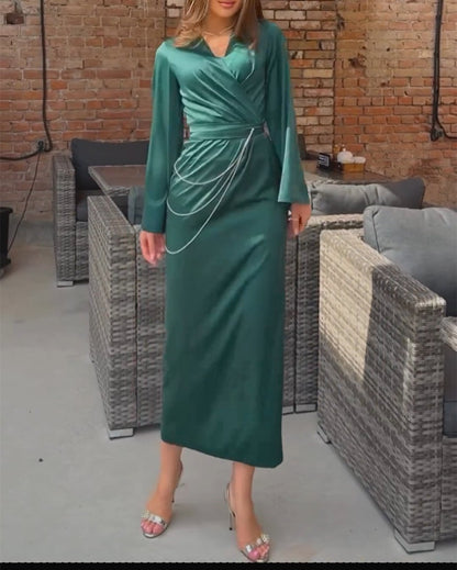 Green Satin Cross Neck Maxi Dress