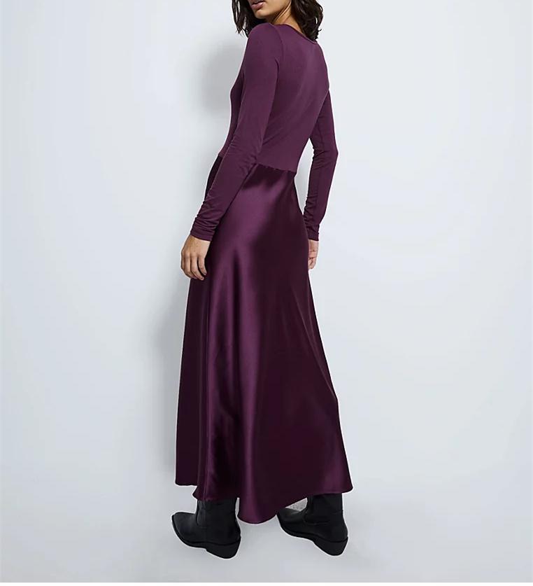 Purple Long Sleeve Satin Fall Dress