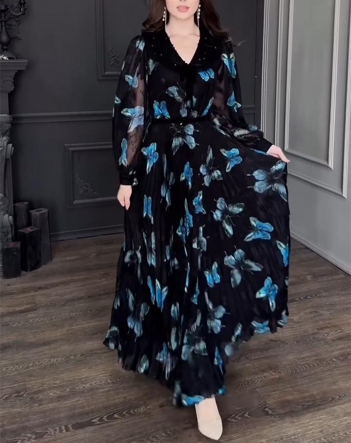 Blue Butterfly Black Veil Maxi Dress