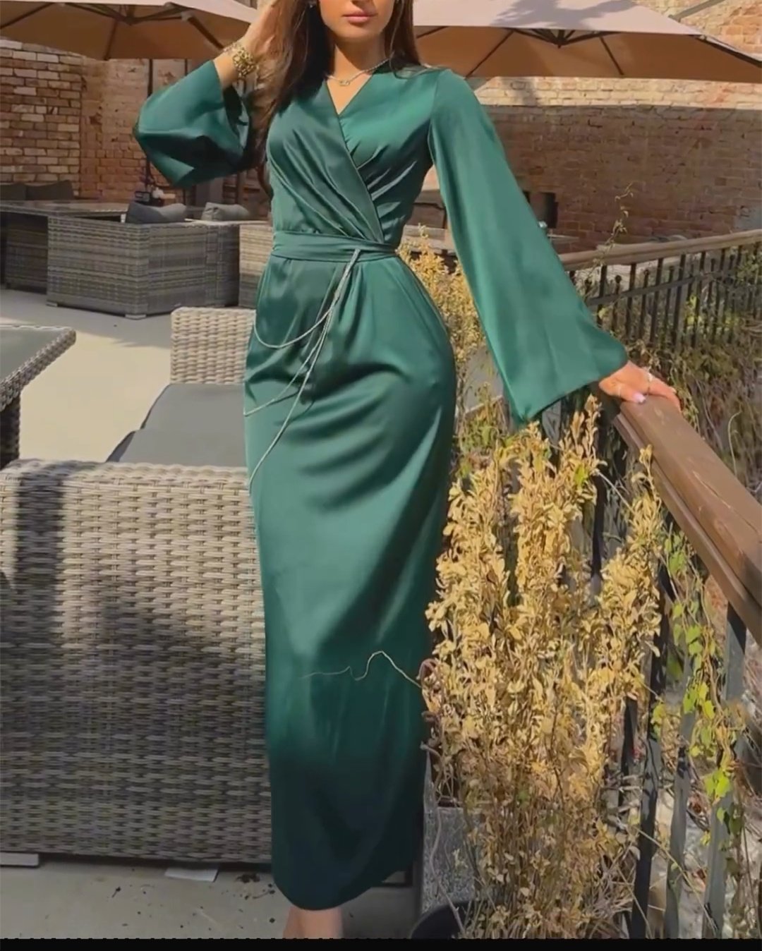 Green Satin Cross Neck Maxi Dress