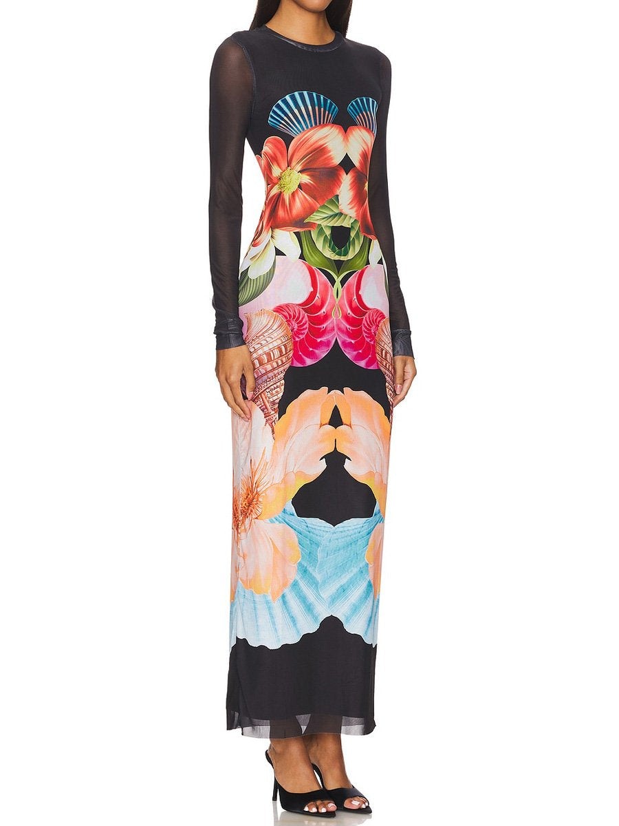 Mesh Patchwork Printed Long Sleeve Maxi Dress