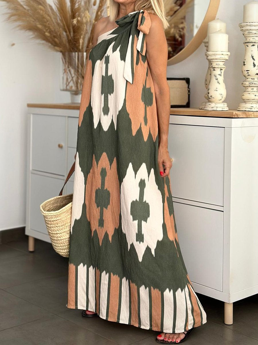 One Shoulder Printed Loose Maxi Dress