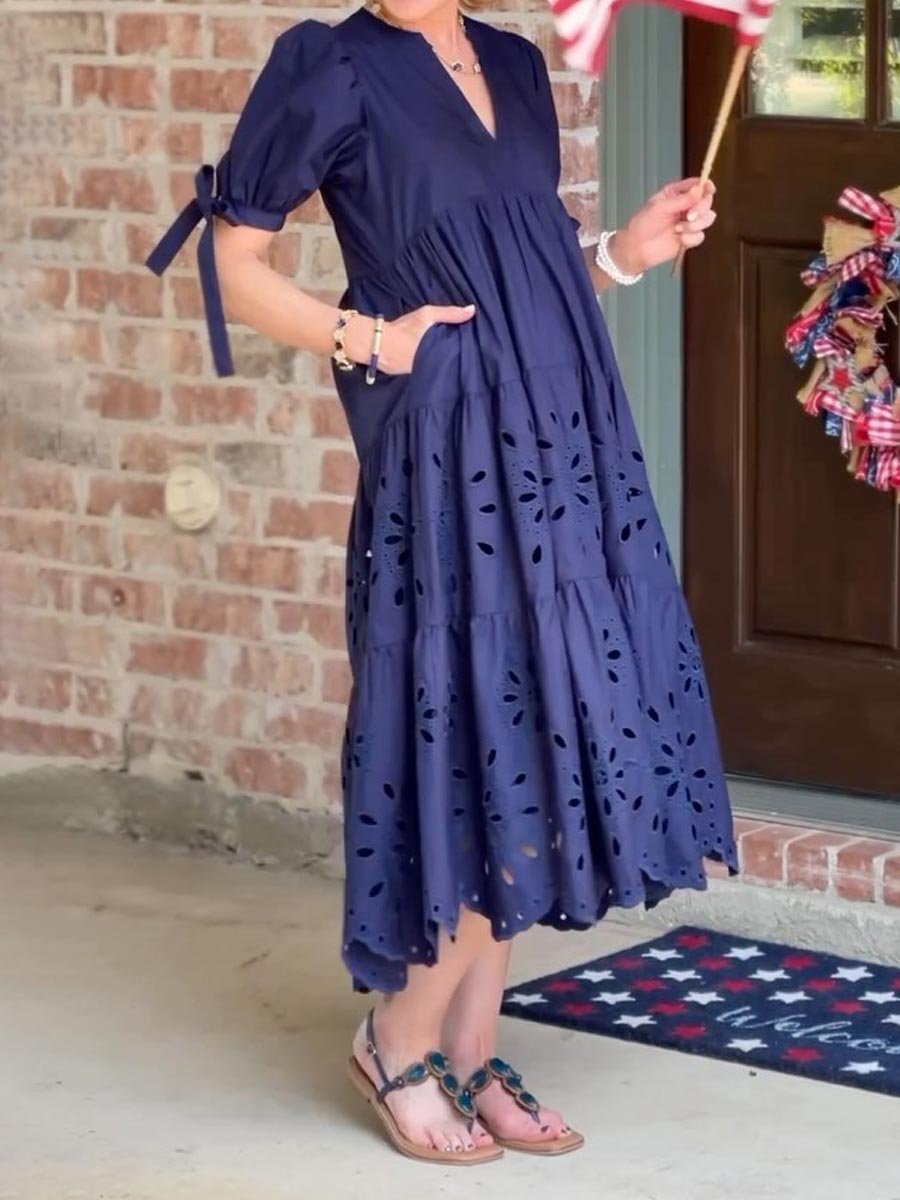 V Neck Puff Sleeve Eyelet Midi Dress