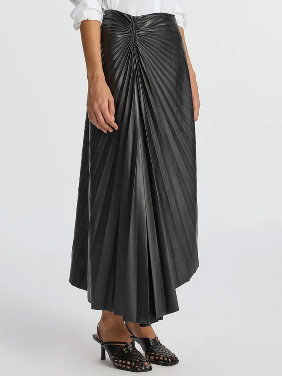 PU Asymmetric Hem Pleated Skirt