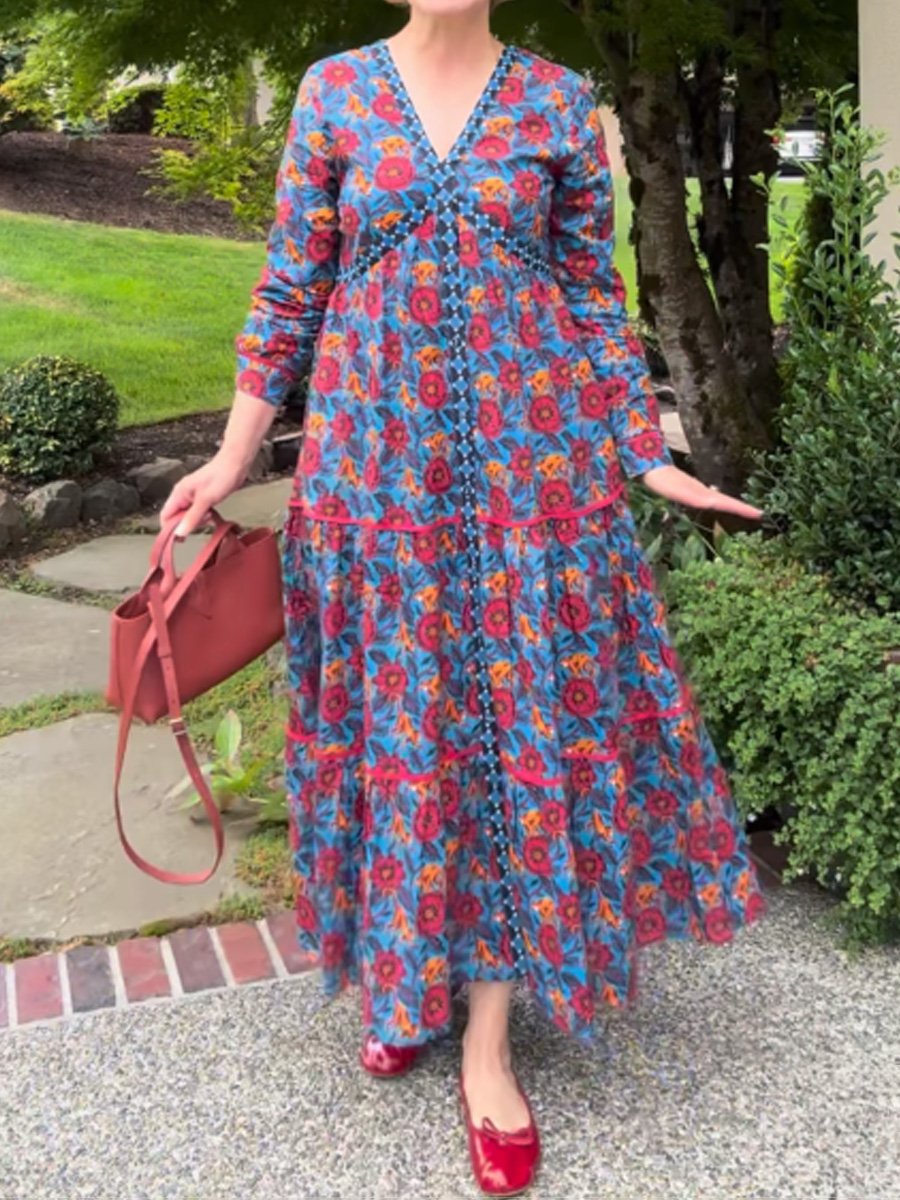 Floral Print V Neck Long Sleeve Dress