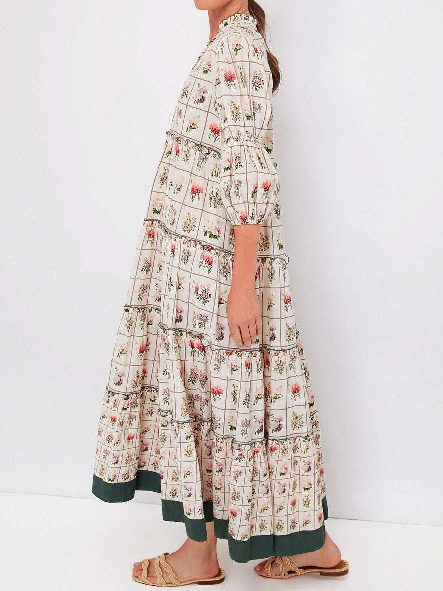 Ruffled Printed Puff Sleeve Maxi Dress