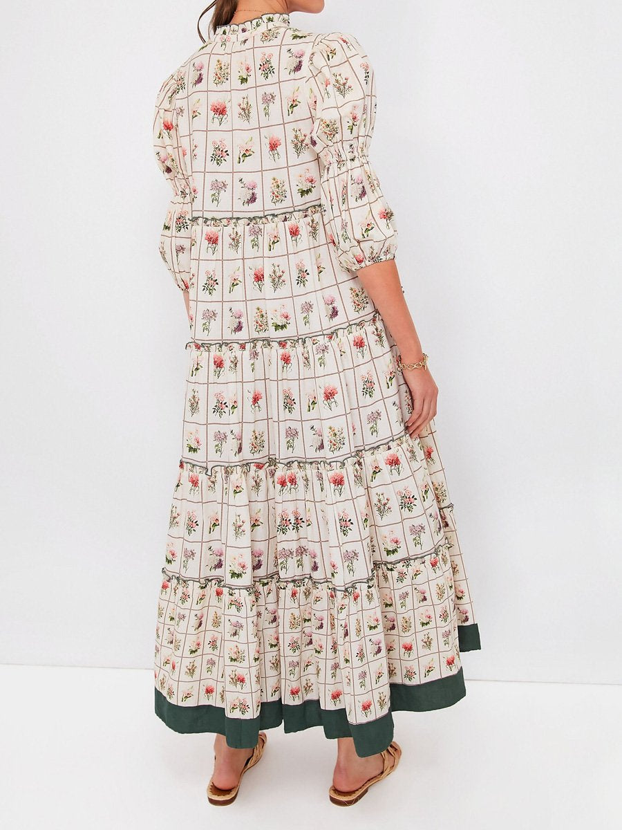 Ruffled Printed Puff Sleeve Maxi Dress