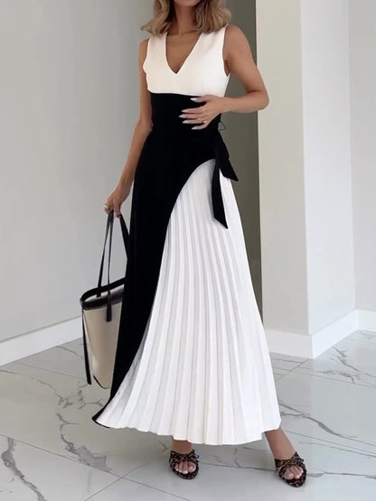 Sexy Sleeveless Deep V Neck Patchwork Pleated Dress