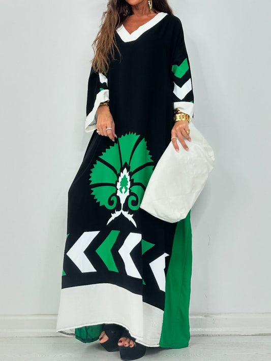 V Neck Printed Loose Maxi Dress