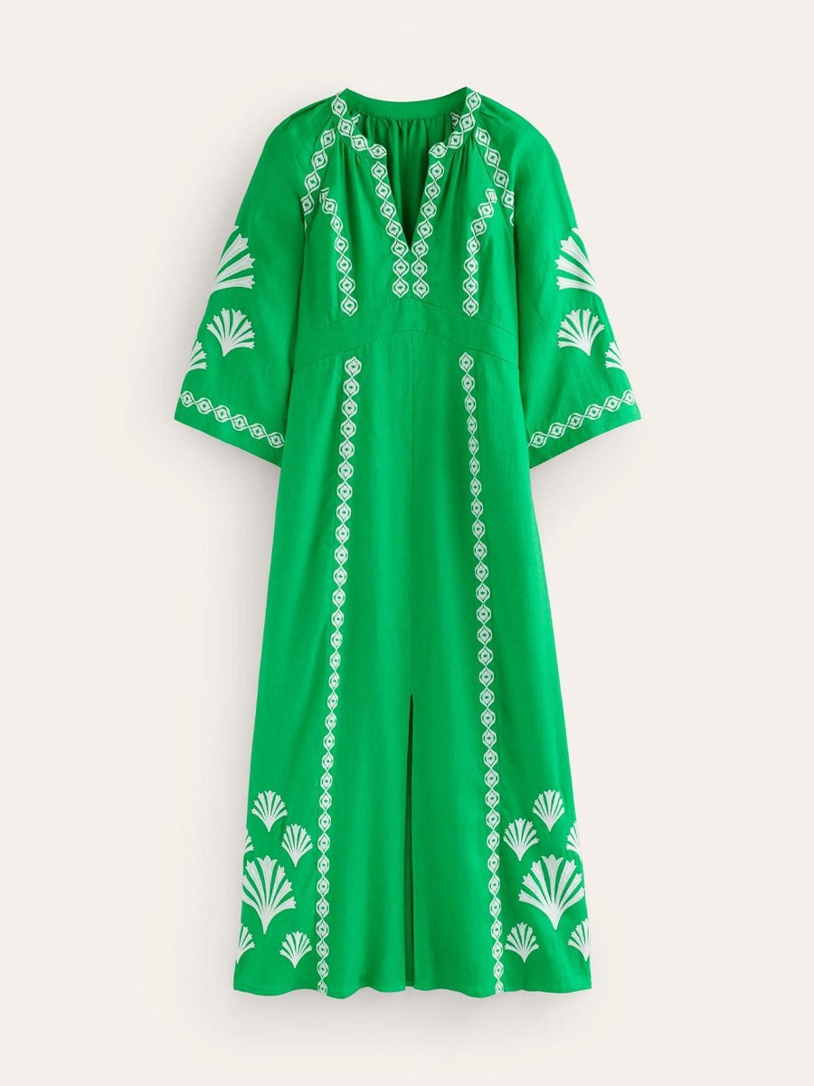 Split Neck Printed Embroidered Dress