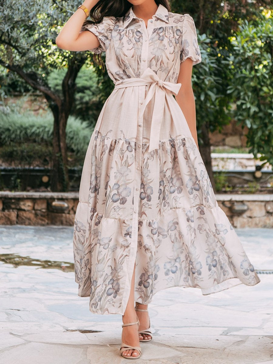 Floral Print Short Sleeve Lace Up Maxi Dress