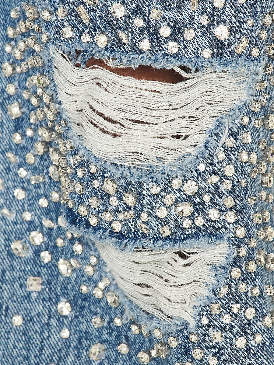 Denim Rhinestone Sparkle Fashion Distressed Wide Leg Jeans