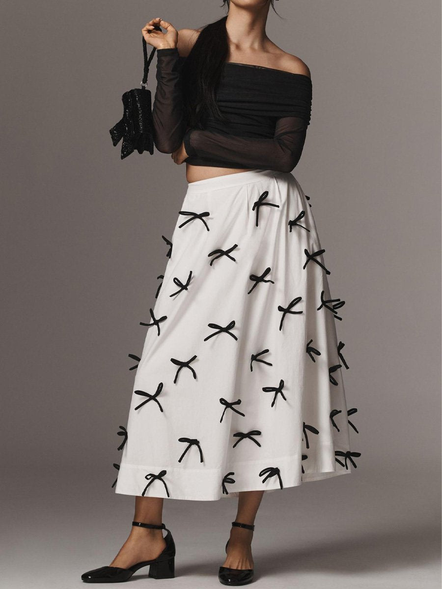 3D Bow Embellishment Midi Skirt