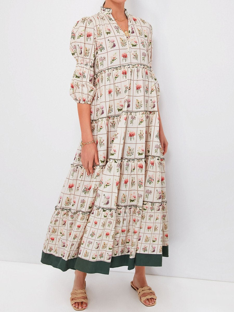 Ruffled Printed Puff Sleeve Maxi Dress