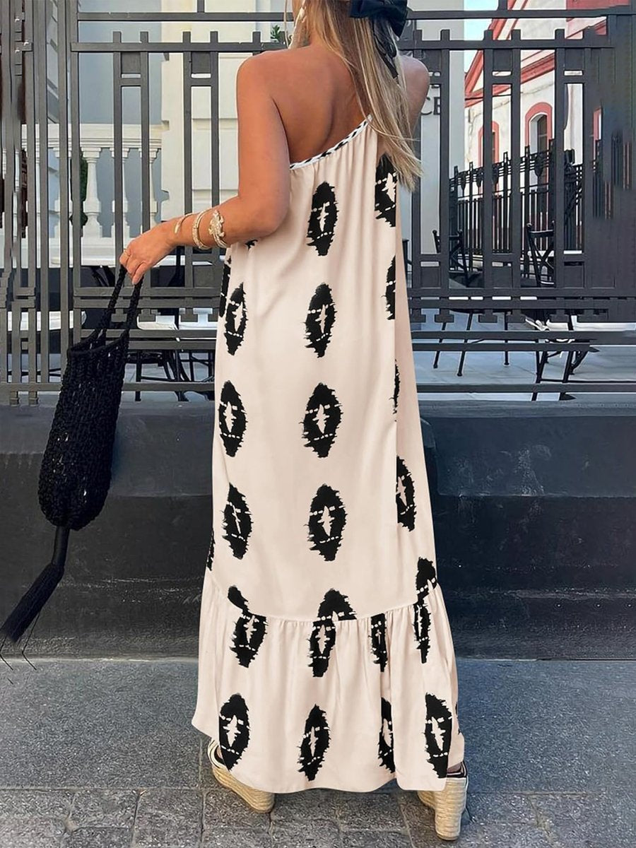 Sexy One Shoulder Print Lace Up Bohemian Dress