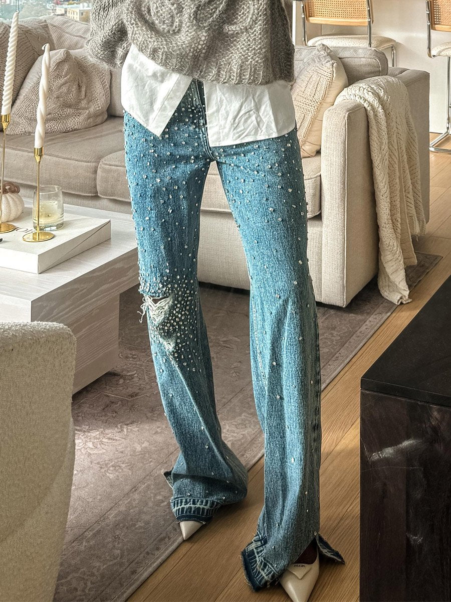 Denim Rhinestone Sparkle Fashion Distressed Wide Leg Jeans