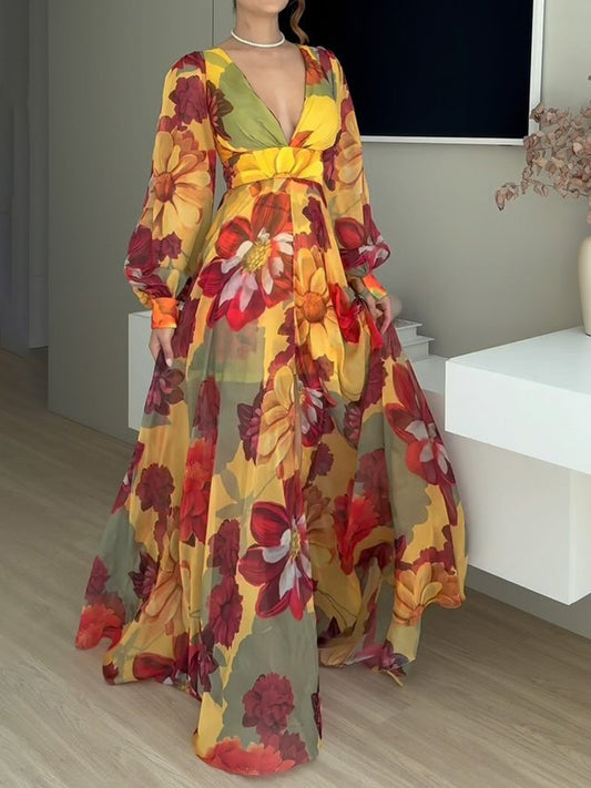 Deep V Neck Printed Slit Hem Maxi Dress