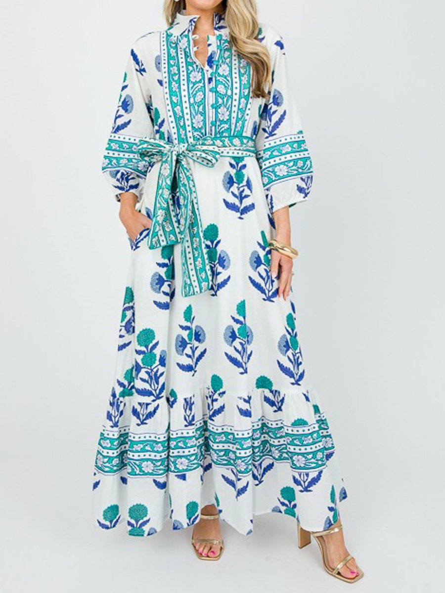 Floral Print Belt Button Up Maxi Dress