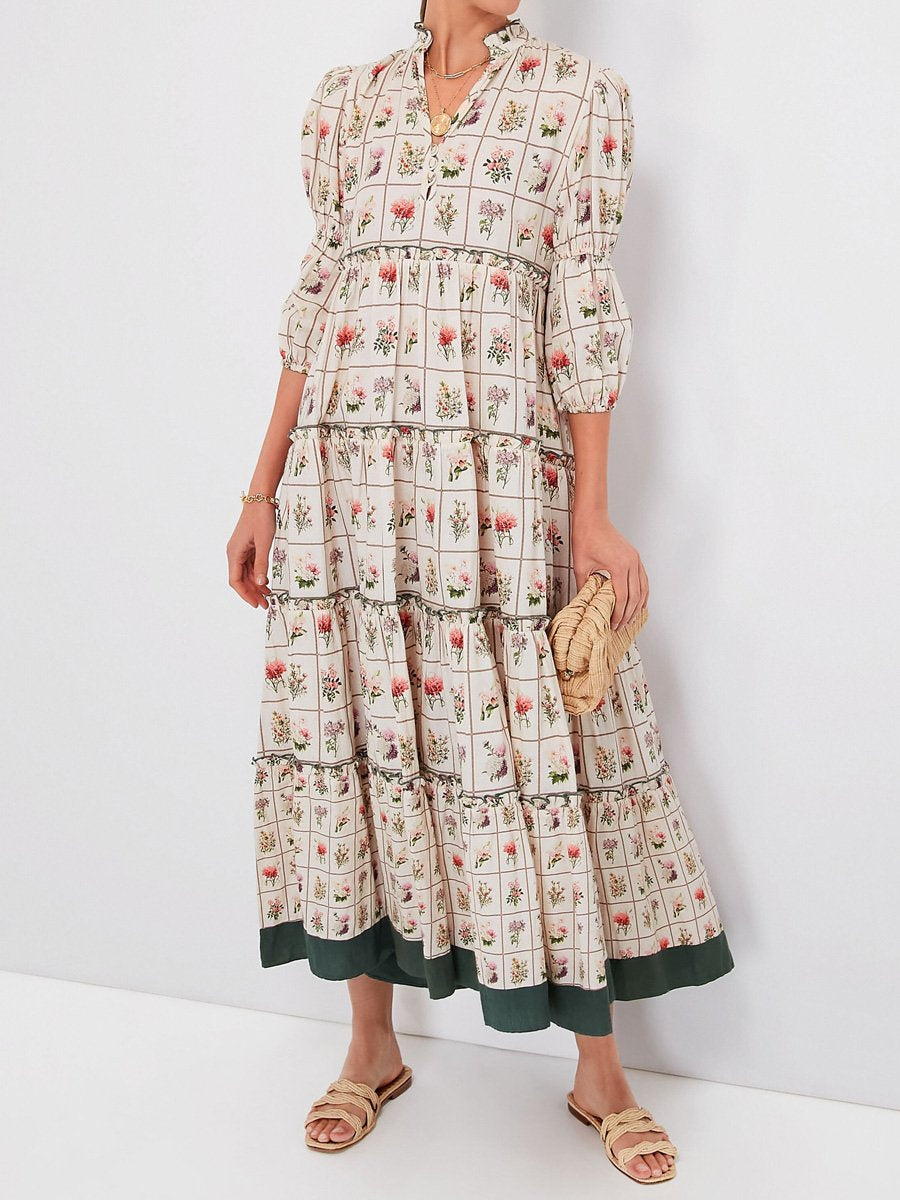 Ruffled Printed Puff Sleeve Maxi Dress