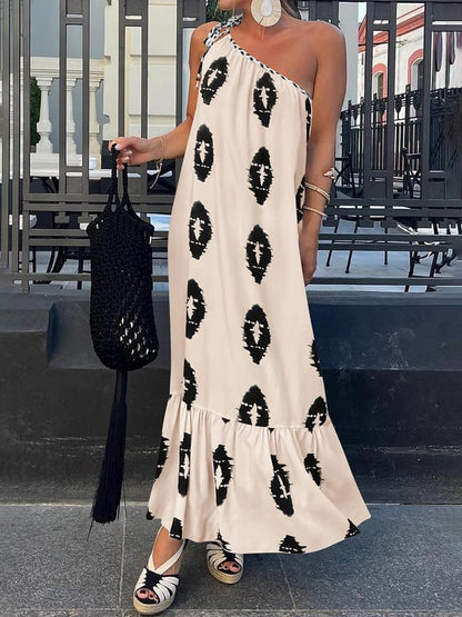 Sexy One Shoulder Print Lace Up Bohemian Dress