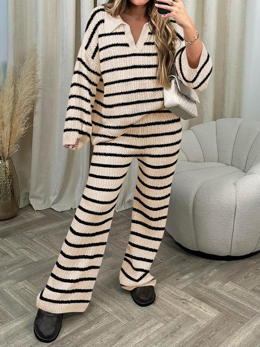 Striped Long Sleeve V Neck Sweater 2 Piece Sets