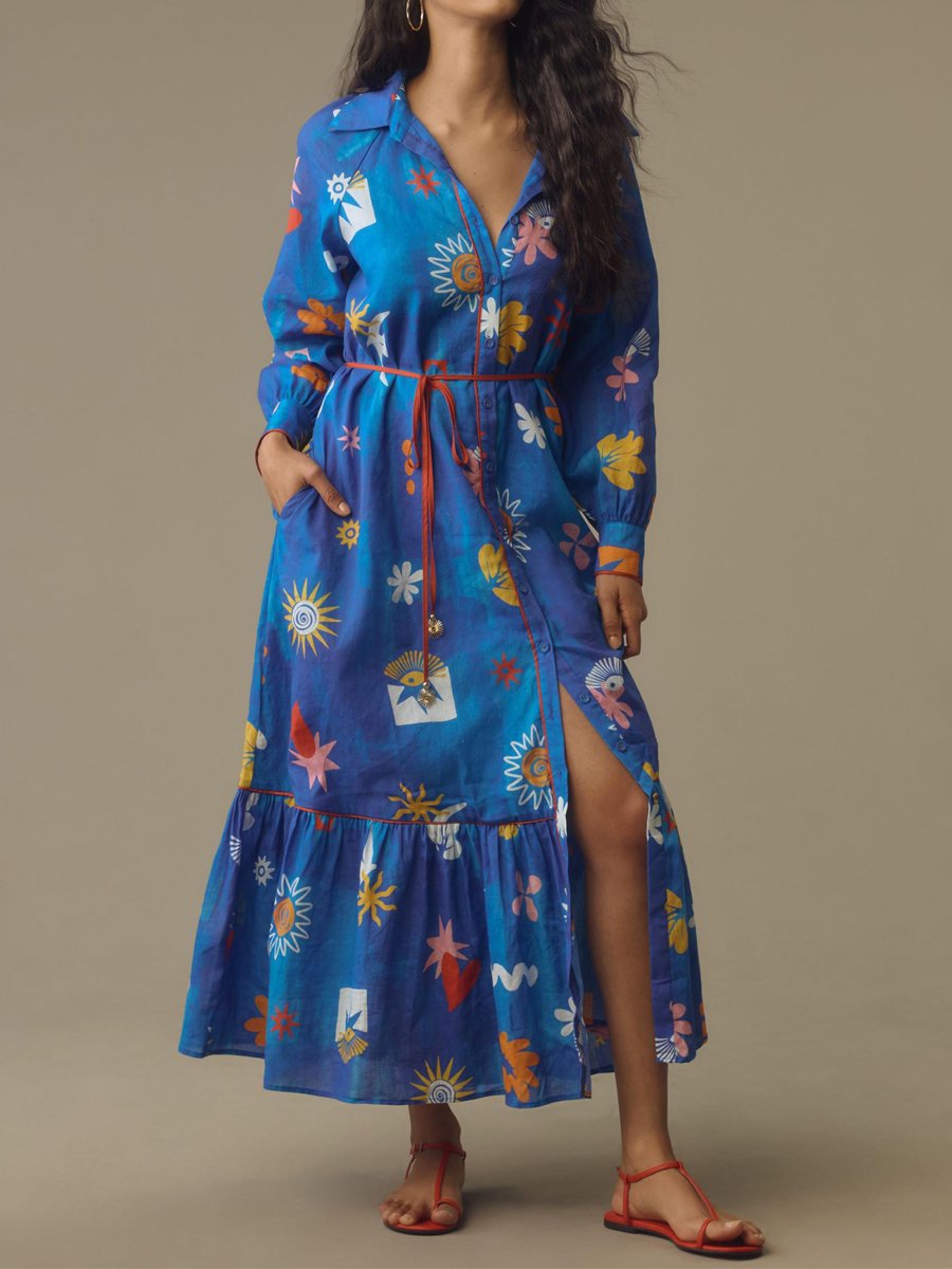 Printed Button Up Long Sleeve Tie Waist Maxi Dress