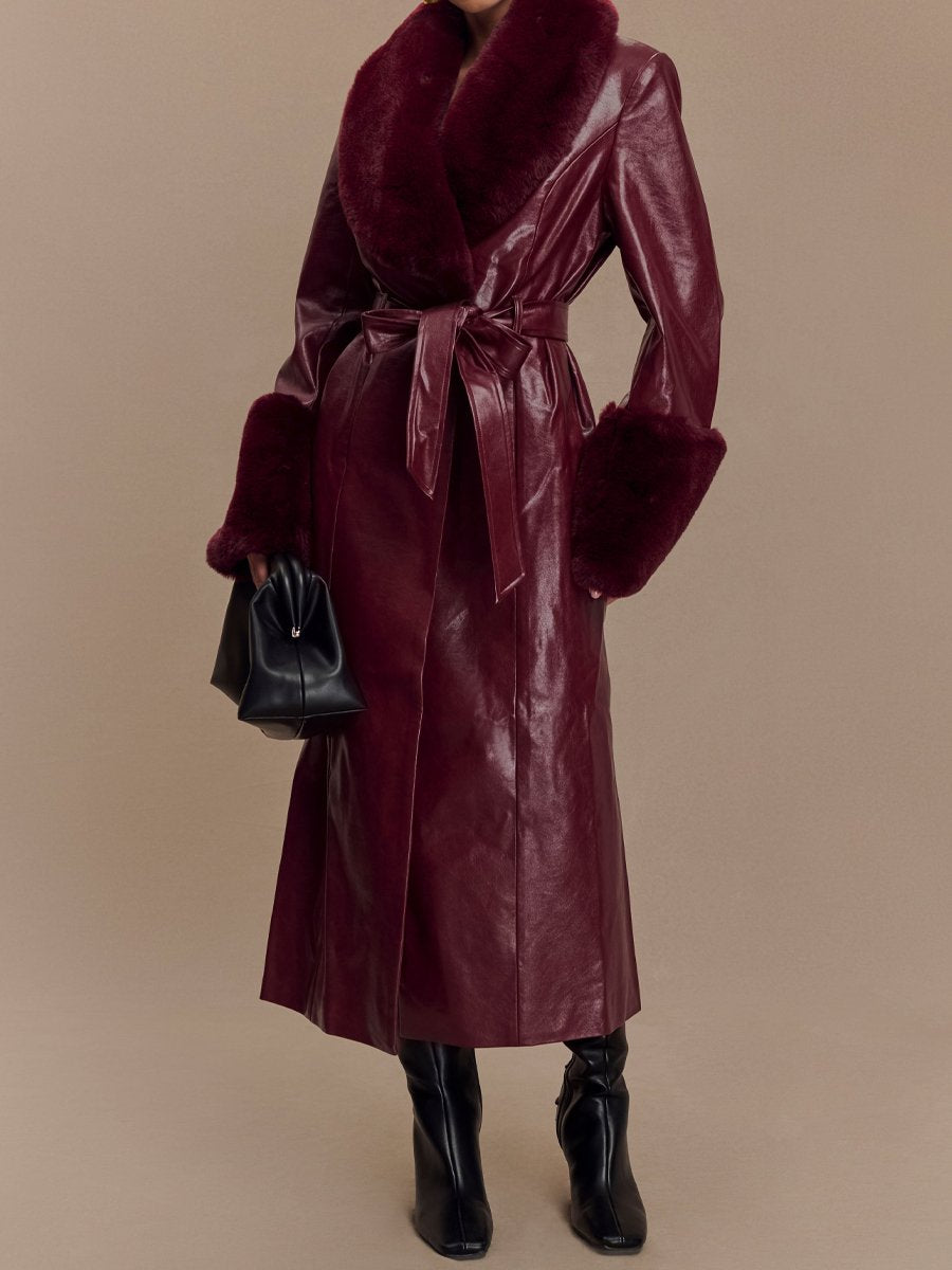 Fashion Faux Leather Trench Coat With Faux Fur