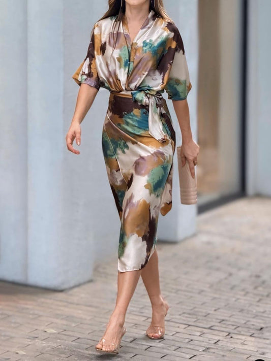 Printed V Neck Wrap Midi Dress