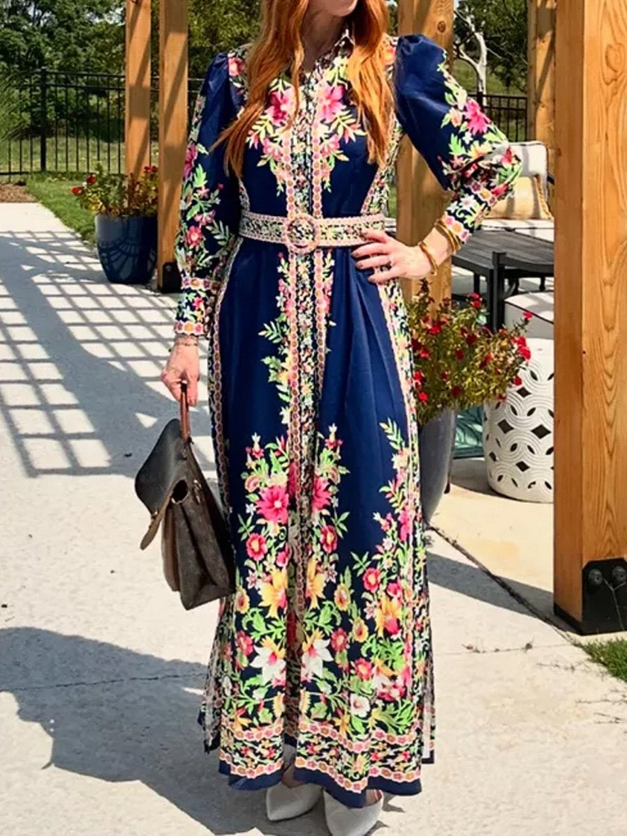 Women's Vintage Floral Print Belt Maxi Dress