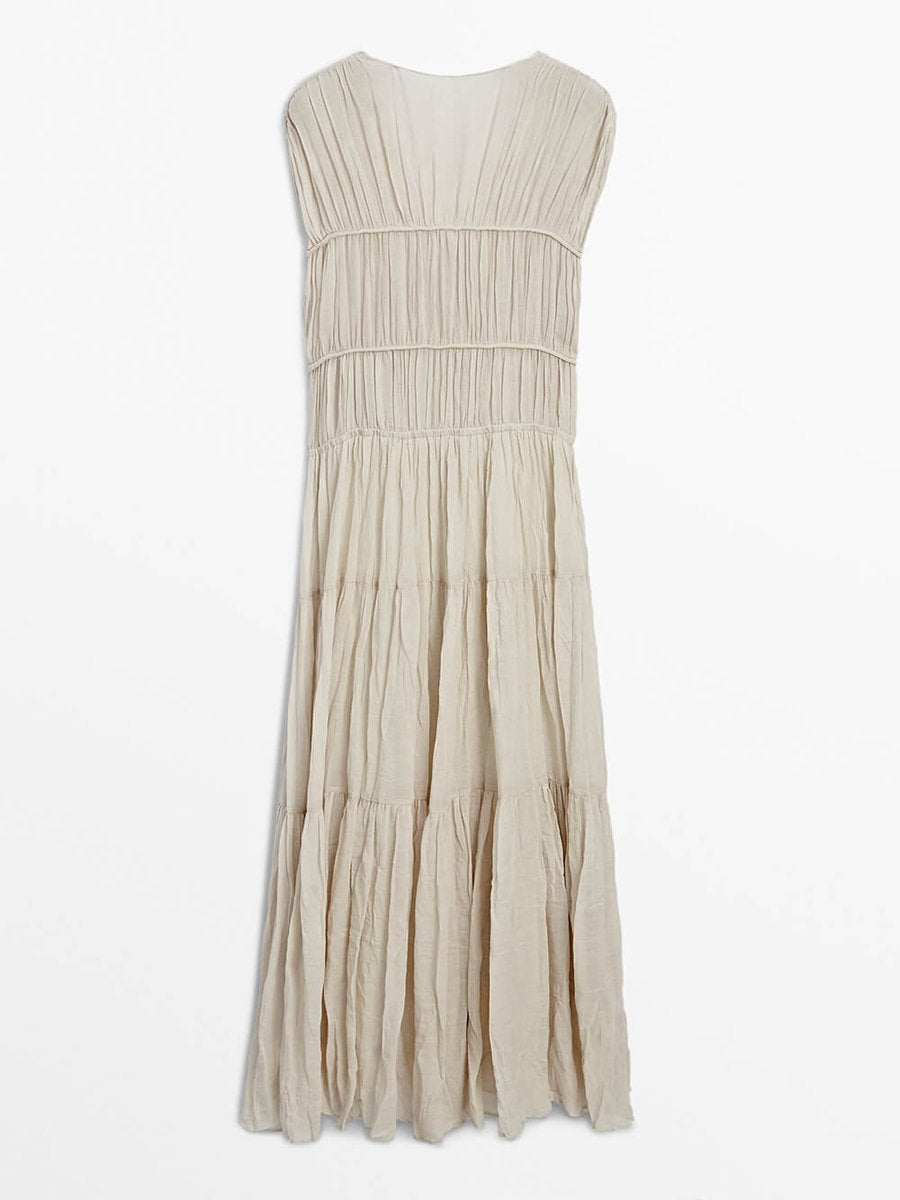 V Neck Sleeveless Pleated Maxi Dress