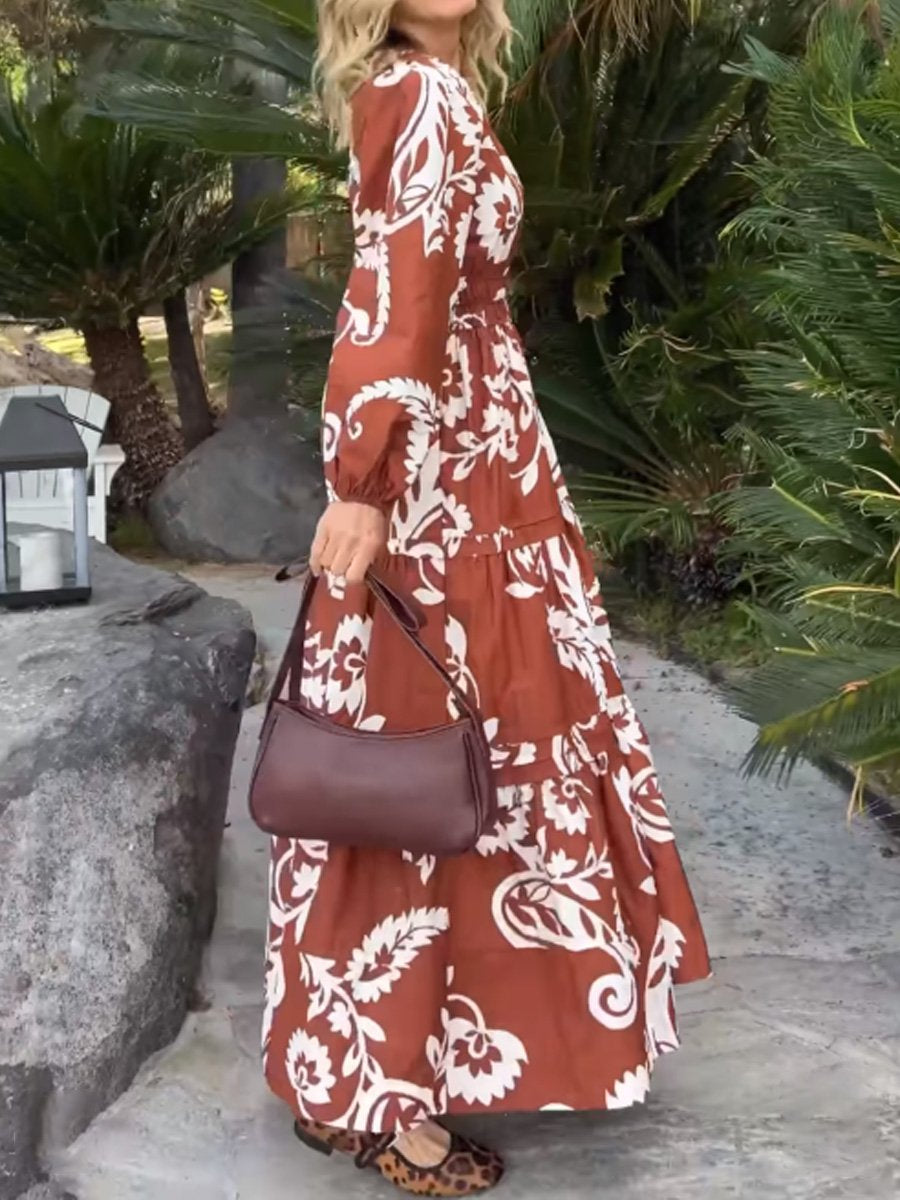 Printed V Neck Elastic Waist Maxi Dress