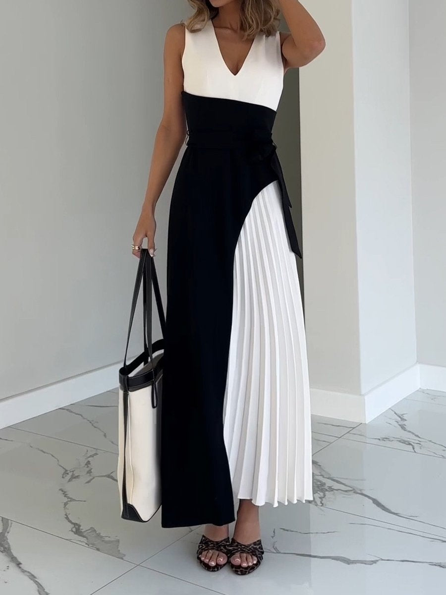 Sexy Sleeveless Deep V Neck Patchwork Pleated Dress