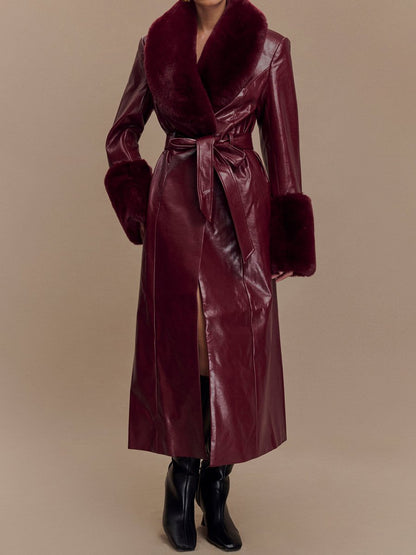 Fashion Faux Leather Trench Coat With Faux Fur