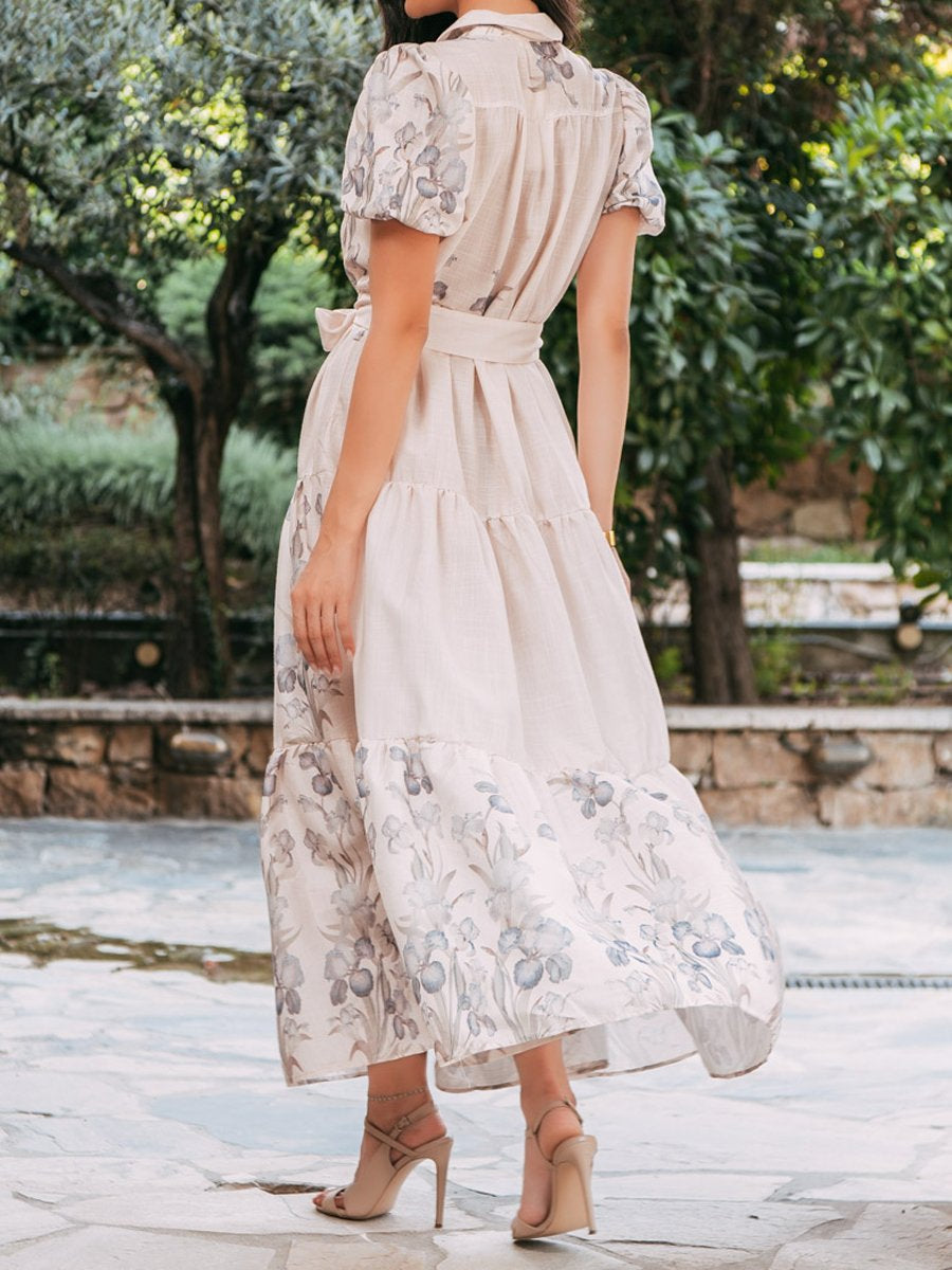 Floral Print Short Sleeve Lace Up Maxi Dress