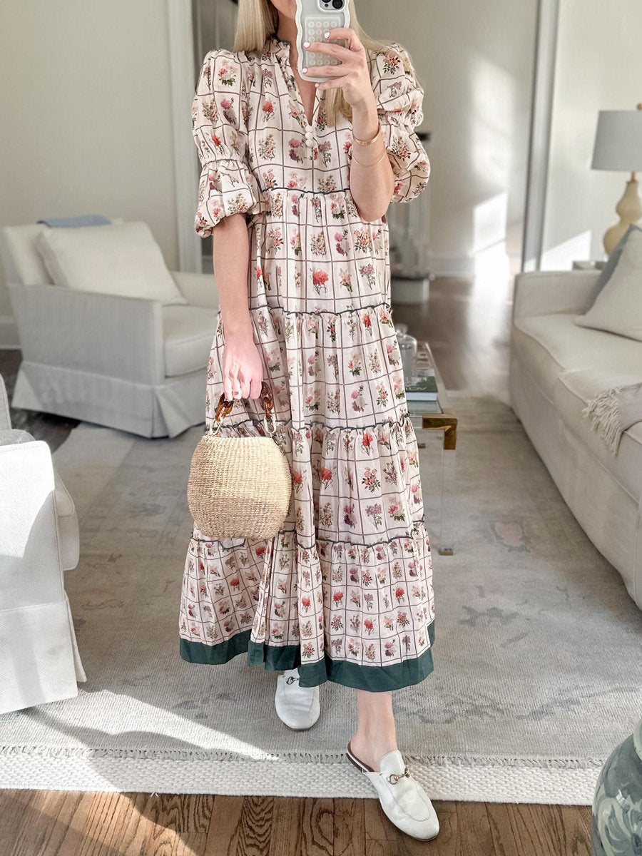 Ruffled Printed Puff Sleeve Maxi Dress