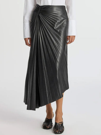 PU Asymmetric Hem Pleated Skirt