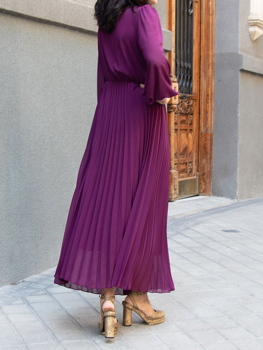 Elegant Pleated V Neck Midi Dress