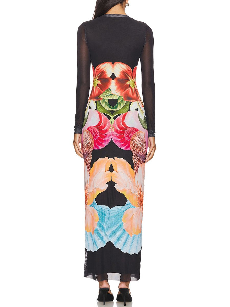 Mesh Patchwork Printed Long Sleeve Maxi Dress