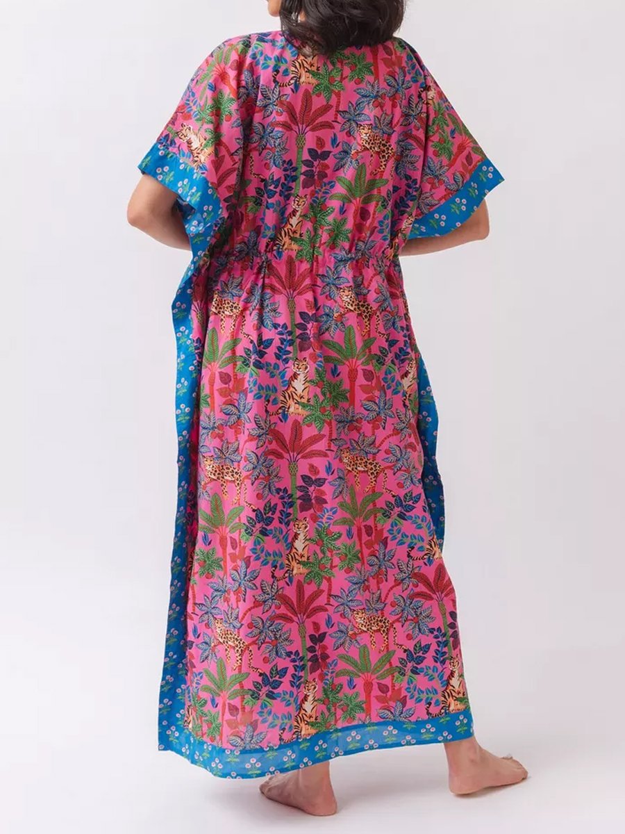 Printed V Neck Loose Drawstring Waist Maxi Dress