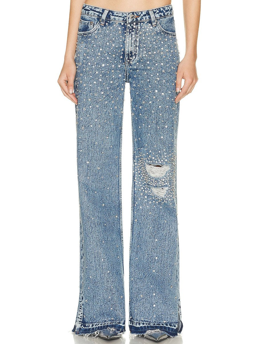 Denim Rhinestone Sparkle Fashion Distressed Wide Leg Jeans